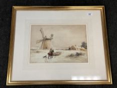 John Atkinson (1863-1924) A man on horseback herding sheep in a winter setting, watercolour, signed,