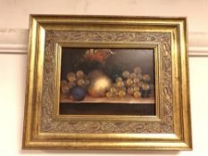 R Berger : Still life with fruit, oil on panel, signed, framed.