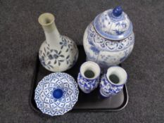 A tray of antique Chinese glazed blue and white vase,