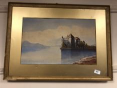D. Moffat : A castle by a lake, watercolour, signed, framed.