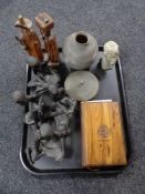 A tray of walnut bound Jerusalem bible, tribal figures,