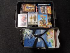 Two plastic crates and bag of books,