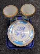 A tray of pair of Meissen hand painted twin handled urns and six Meissen cabinet plates