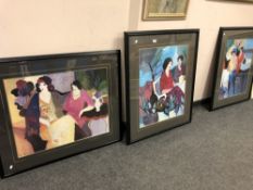 Three colour prints depicting figures in a cafe, framed.