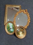 A gilt framed bevelled mirror together with a further gilt framed chalk mirror and two gilt framed