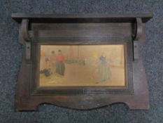 An early 20th century continental oak panel depicting figures on a dock side