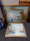 A gilt framed oil on board and two further oils on board of boats in harbours