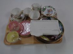 A tray of six Royal Albert china trios, Franklin mint collectors plates,