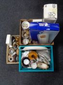 Two boxes and basket of stainless steel fish kettle, antique oriental style plate,