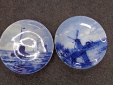 Two Delft plaques depicting fishing and windmill scene.