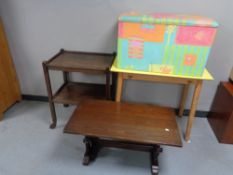 An oak coffee table, trolley,