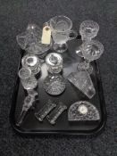 A tray of crystal and glass, Edinburgh Crystal clock, knife rests,