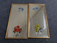 A pair of Edwardian gilt framed etched mirrors with hand painted decoration