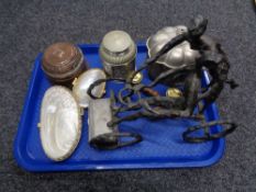A tray of Selangor pewter urn, shell purses, brass salt and pepper pot,