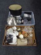 Two boxes of glass, kitchen storage jars, table lamps, wall clock,