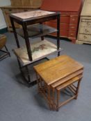 A nest of three oak barley twist occasional tables and two tiled topped coffee tables