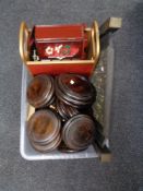 A box of wooden stands and lidded bowls, lidded jewellery box,