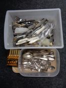 A tray of plated and stainless steel cutlery