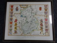 A framed J. Blaeu limited edition 1645 map of Cambridgeshire with hand colours, 17/100.