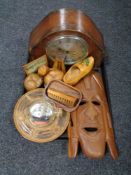 A tray of oak cased Bentima clock, wooden mask,