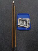 Two cane fishing rods and a collection of monochrome photographs, Newcastle FA cup winners 1950,