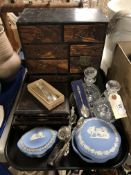 A tray of Japanese miniature chest, cutlery,