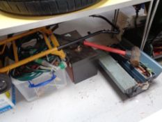 A quantity of garden hose, metal tool chest,