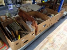 Three boxes of china, glass, cutlery, crystal decanter,