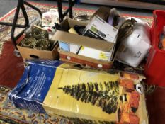 Two boxes of sundries, ceramics, pans, fibre optic Christmas tree,