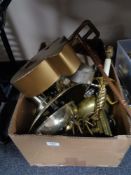 A box of brass and copper ware, copper pipe lamp,
