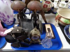 A tray of wooden figures, carriage clock, glass vase with silver mount,