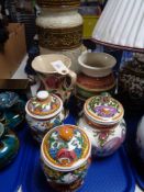 A tray of earthern ware, continental pots, ceramic jug and vase,