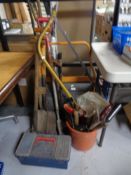 A garden roller, garden tools, spades,