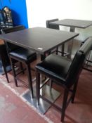 A single poser bar table together with a pair of black leather bar stools (3)