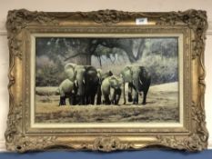 Stephen Park : Study of Elephants in a Clearing, oil on panel, signed, 30 cm x 50 cm, framed.