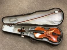 A French violin in case together with a French nickel-mounted bow of Mirecourt style,