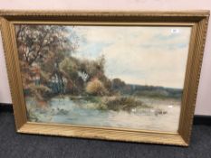 Henry Charles Fox (1860 - 1929) : A gentleman fishing from a punt on a calm river with ducks and