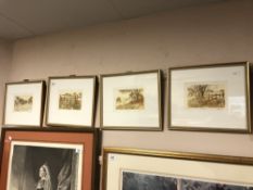 J Degnam : The four seasons, colour etchings, signed with margins, 10 cm x 15 cm, framed.