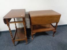 An oak drop leaf barley twist trolley (lacking drawer) and a further trolley