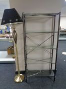 Set of contemporary metal and glass fiver tier shelves and a floor lamp