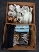 Two boxes of Noritake vases, hunting scene tea china, retro radio,