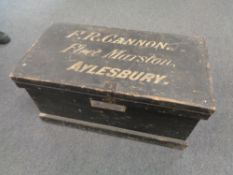 A 19th century painted pine blanket chest bearing writing F. R.