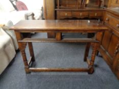 An oak side table (missing drawers)