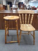 A pine kitchen chair and a pine bar stool