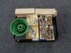 A tray of plated table cutlery, boxed table cutlery, plated and silver napkin rings,