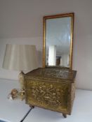 A brass embossed coal box with liner together with a gilt hall mirror and an onyx table lamp with