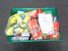 A crate of tools, safety harness, chisel set, cable clips, wire brush,