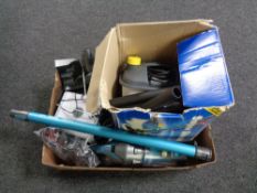 A box of wall paper steamer, cordless vac, charger,