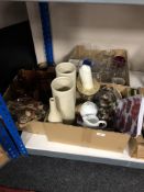 Three boxes of champagne glasses, glass, pottery vases,