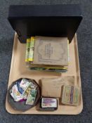 A tray of cigarette and tea card albums and cards